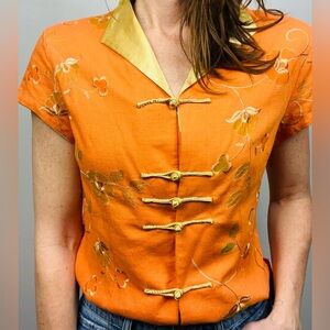 Chinese-Inspired Orange Embroidered Blouse – (Fits Like L)